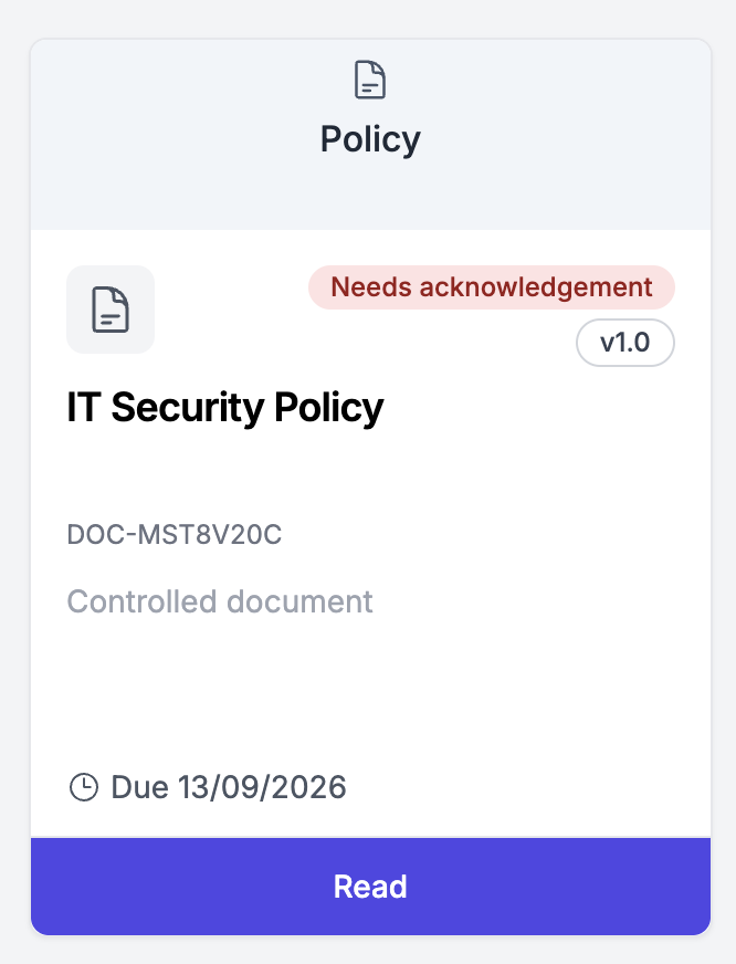 Learner document card for IT Security Policy showing Needs acknowledgement, version v1.0, and Read