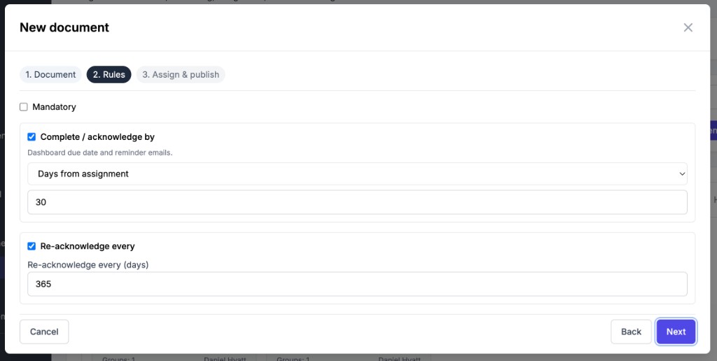 New document wizard on step Rules, with Complete / acknowledge by 30 days from assignment and Re-acknowledge every 365 days