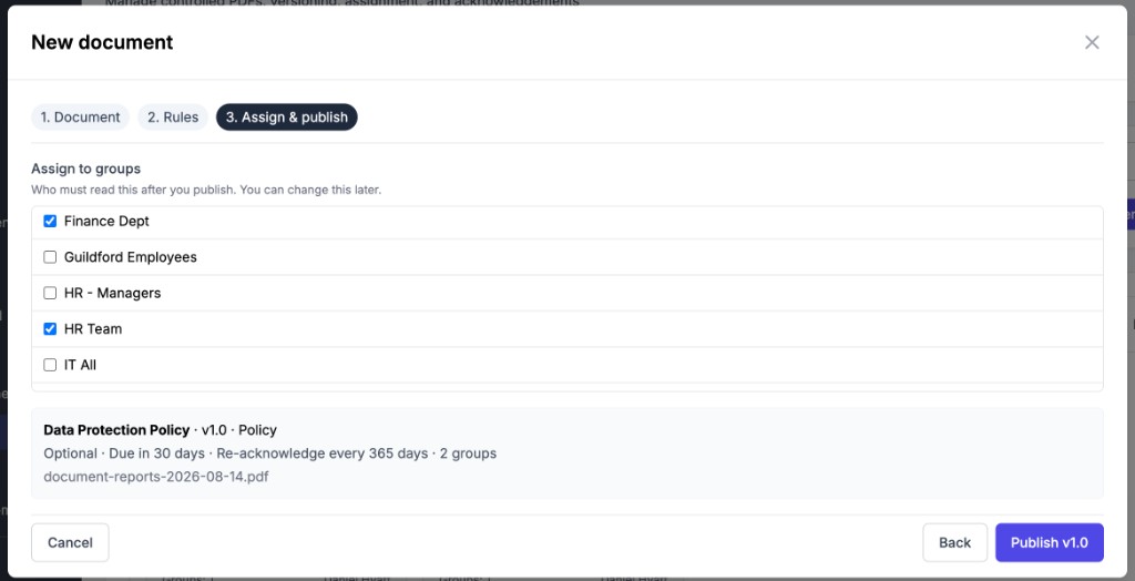 New document wizard on Assign and publish, with groups selected and Publish v1.0