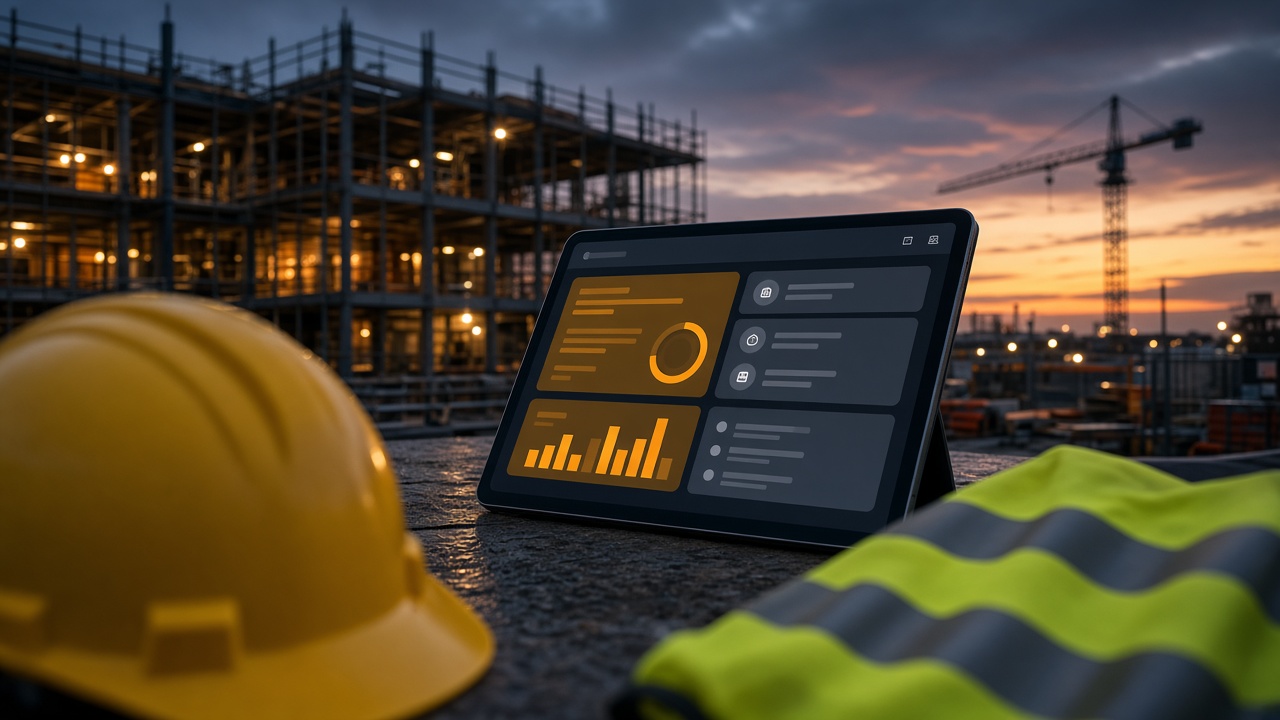 Hard hat and high-visibility jacket beside a tablet showing a site dashboard, with a construction frame and crane in the background