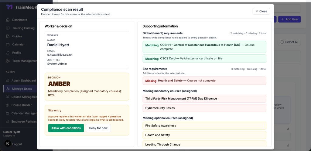 TrainMeUK compliance scan result with global and site requirements and allow or deny actions