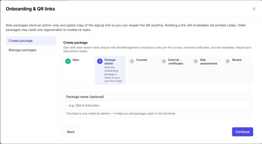 Onboarding & QR links — create package wizard with sites, package details, courses, certificates, and risk assessments