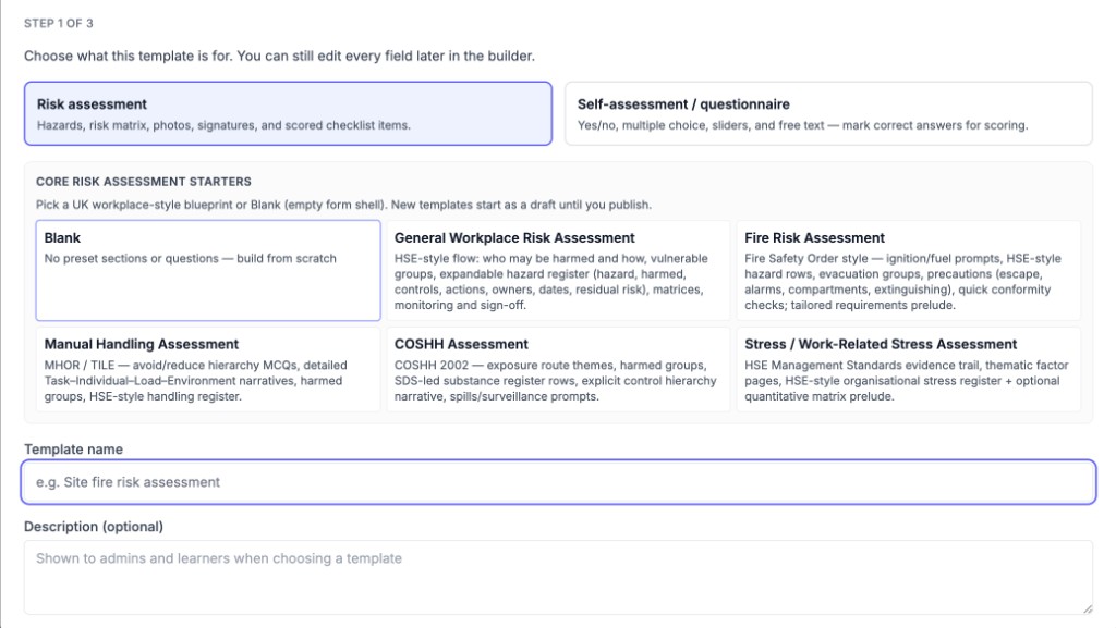 Risk assessment template wizard step 1 — choose type, HSE blueprint starter, name and description